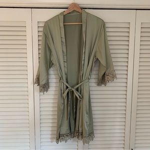 Sage Green Satin Robe with Lace Detail